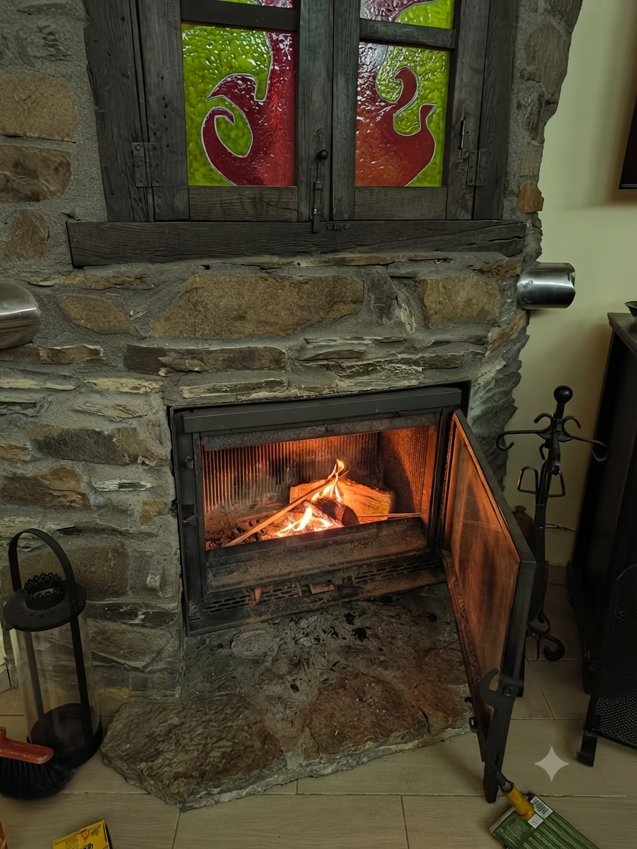 Un rincón especial de la casa: la chimenea tradicional de piedra y hierro fundido, un elemento clave para crear un ambiente cálido y acogedor. Este primer plano muestra la puerta de cristal abierta, invitándote a la relajación y al confort. Un detalle de diseño que aporta carácter y romanticismo a tu estancia, perfecto para las tardes de lectura o el descanso tras un día de actividades.